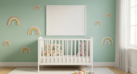 Serene nursery room mockup featuring a white crib and blank wall art for customization