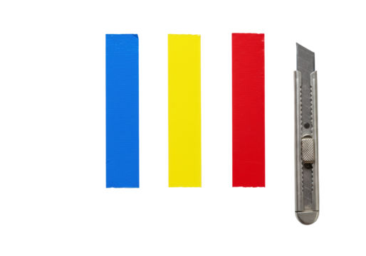 Vibrant blue, yellow, red duct tape strips and a silver utility knife blade, precisely arranged on a transparent background with copy space, clean product display concept