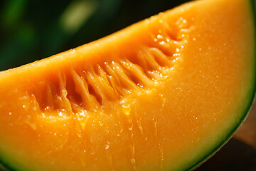 Macro close up of fresh cantaloupe slice with juicy pulp and seeds, orange melon cross section detail, sweet tropical fruit photography