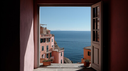 Open window frames stunning Mediterranean coastal village with colorful clifftop houses overlooking sea.