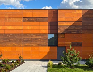 Fototapeta premium A modern building facade with a warm orange-brown tiled exterior, exhibiting a dynamic pattern of rectangles and a serene landscape setting.