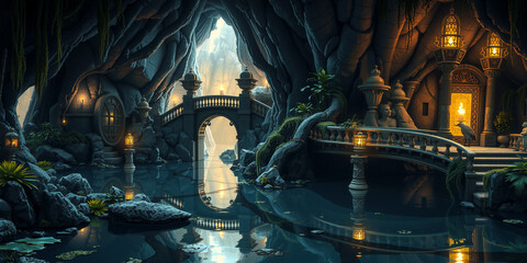 Fototapeta premium Mysterious Glowing Underground Elven Sanctuary
