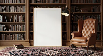 Vintage library with armchair and blank poster create cozy reading nook atmosphere