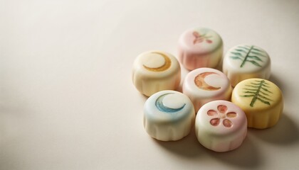 Obraz premium Watercolor rice cakes (songpyeon) arranged with soft shadows on a pastel background with copy space