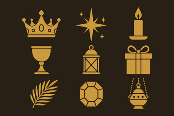 Golden religious symbols of royalty faith gifts and celebration on dark background