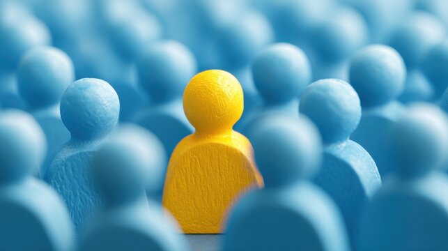 A single yellow figure is positioned prominently in a sea of blue figures illustrating the theme of individuality versus conformity. The bright color draws immediate attention.