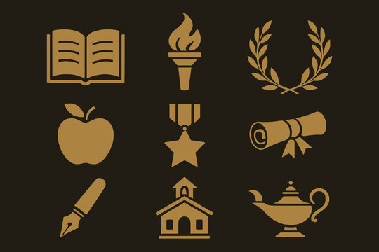 Golden education and achievement icons for learning and success