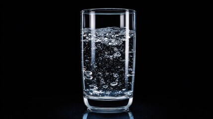 Sparkling water in a clear glass reflects light against a dark background. Bubbles rise to the surface enhancing the fresh and invigorating appearance of the drink.