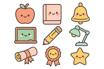 Cute kawaii school supplies collection featuring adorable characters and bright colors