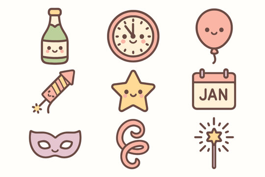 Cute kawaii style new year celebration icons featuring champagne clock balloon and fireworks