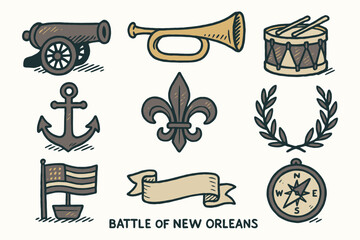 Vintage hand drawn illustrations of historical battle of new orleans symbols © Alamin