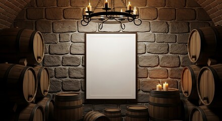 Mysterious vintage room with empty frame illuminated by candlelight and chandelier