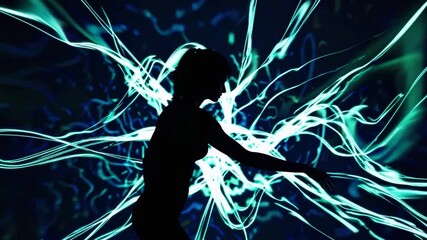 A silhouette of a woman explores luminous data streams and patterns in a dark, high-tech environment. - Powered by Adobe