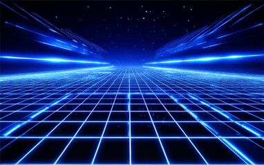Futuristic blue grid pattern with glowing lines and starry background