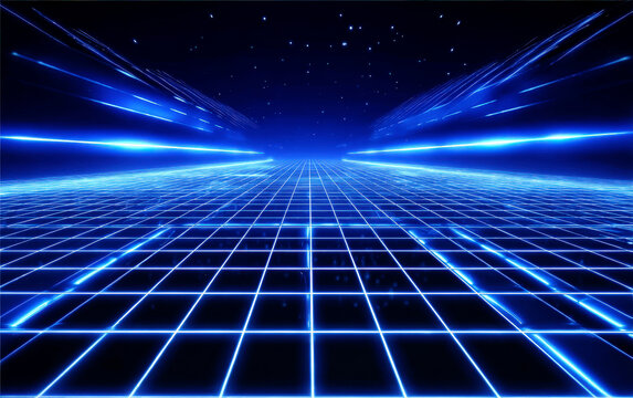 Futuristic blue grid pattern with glowing lines and starry background - Powered by Adobe