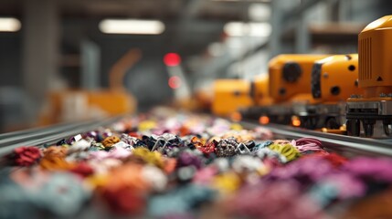 Obraz premium Medium shot displaying automated inventory robots organizing colorful accessories main accessories crisp in focus contrasted by a blurred operational environment.