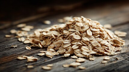 Obraz premium A pile of wholesome rolled oats scattered on a rustic wooden surface, perfect for healthy breakfast inspiration.