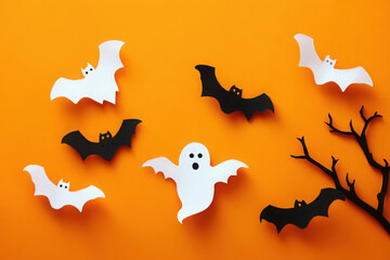 Halloween themed image with bats, ghost and tree branch on orange background.