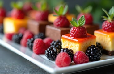 Assortment of colorful mini desserts with fresh berries arranged on plate. Vibrant palette includes cheesecake bites topped with raspberry, chocolate squares, orange glaze. Fresh fruit garnishes add