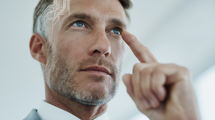 Futuristic man touches temple revealing integrated circuit patterns suggesting technological human enhancement.