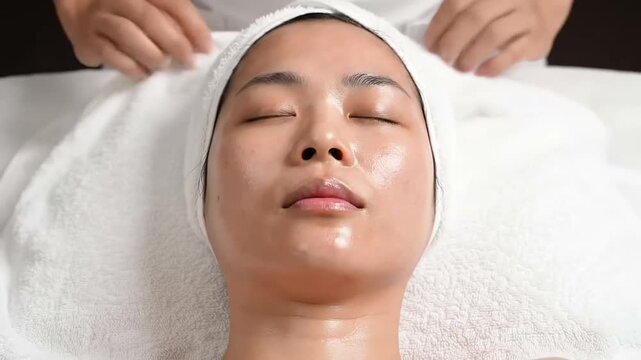 A serene asian woman lies comfortably on a spa bed receiving a hydrafacial treatment with her eyes gently closed and a soothing white towel wrapped around her head and body as