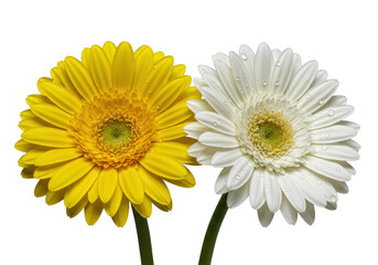 Naklejka premium Vibrant yellow and transparent gerbera daisies, side-by-side, with dew drops on seamless transparent. Macro 45-degree view, shadowless studio lighting, ultra-detailed. Commercial product concept