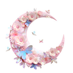 Floral Crescent Moon with Butterflies
