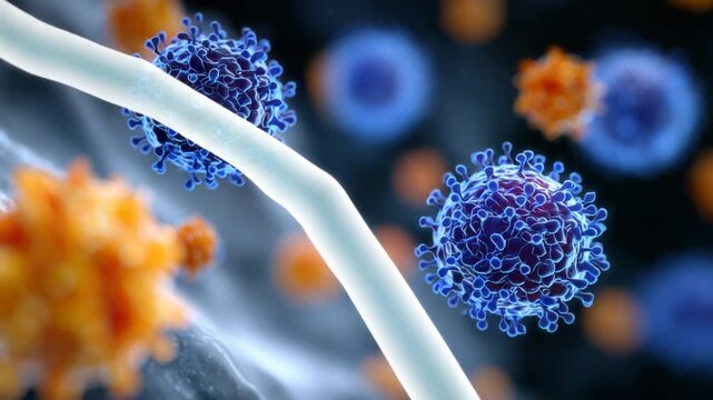 Vivid 3D rendering of immune microenvironment featuring blue B cells and orange T cells in translucent cytoplasm.
