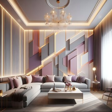 Modern Luxury Living Room with 3D Pastel Feature Wall, Chandelier, and Sofa