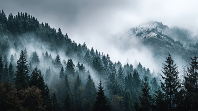 Dense evergreen trees shrouded in fog create a mysterious atmosphere. Light mist lingers over the forest mountains suggesting a serene yet moody dawn.