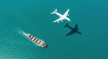 Airplane flying over cargo ship in ocean