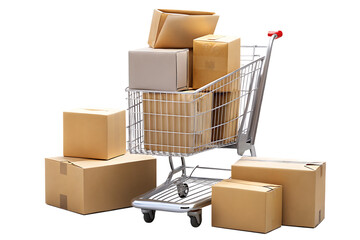 Shopping cart full of cardboard boxes isolated on a transparent background