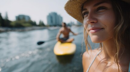 Woman is smiling while sitting on a yellow surfboard in the water