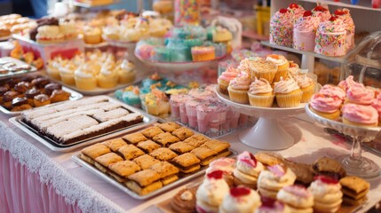 A colorful assortment of pastries and sweets is presented on a decorated table in a bakery. The variety includes cupcakes cookies and light treats attracting customers.