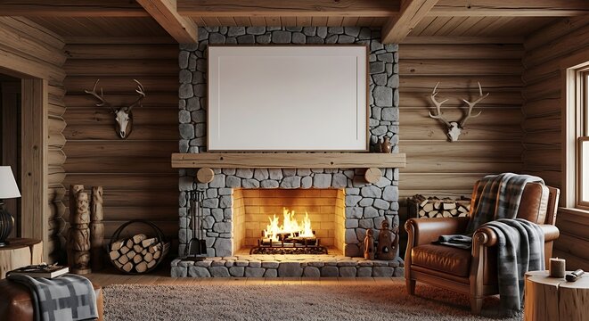 Cozy log cabin living room with fireplace and mounted antlers warm ambiance