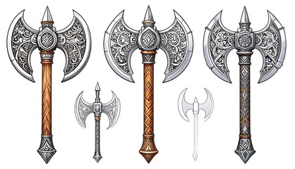Ornate double-headed axes, detailed illustrations in various stages of completion, showcasing intricate carvings and contrasting colors.
