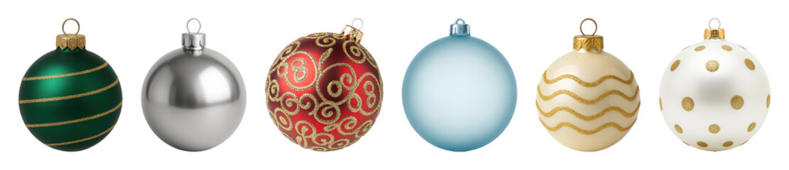 Christmas ornament set including red, green, silver, blue, white, and patterned glitter baubles isolated. Festive holiday decoration collection.