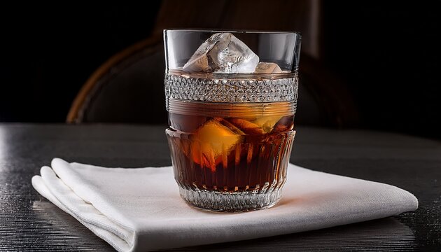 A Crystal Cut Glass Contains A Dark Amber Drink Filled With Several Ice Cubes Sitting Atop A White Napkin