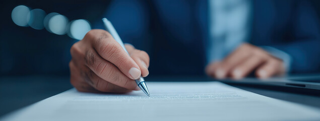  Professional hand holds silver pen over important business documents during evening meeting.