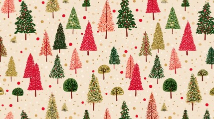 A vibrant arrangement of various trees and decorative elements in shades of green red and pink creates a joyful and festive atmosphere suitable for holiday celebrations.