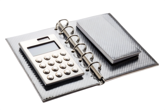 Silver calculator and notebook isolated on a transparent background