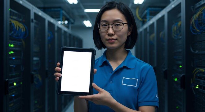 Professional Asian Woman IT Engineer Holds Blank Tablet Screen in Modern Data Center Server Room Presenting Technology Solutions