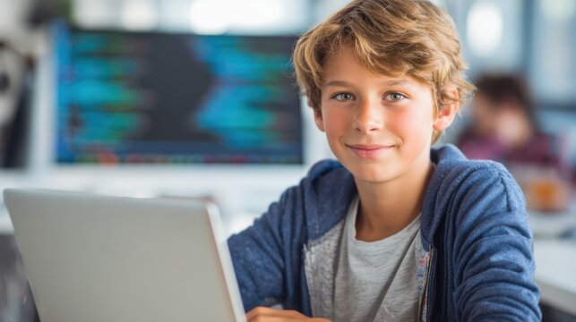 A boy with light brown hair works intently on a laptop exploring programming in a vibrant workspace. Other students can be seen in the background focusing on their tasks. - Powered by Adobe