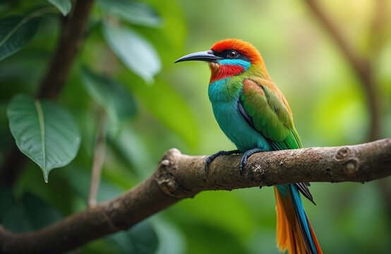 Colourful tropical bird, Turquoise-browed motmot sits on branch. Bird has long tail, red, blue, green, orange feathers. Native to Central America, Mexico, Costa Rica. Ornithology subject.
