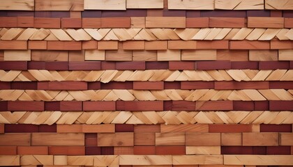 Wooden wall with a unique pattern of alternating wood blocks and woven textures.