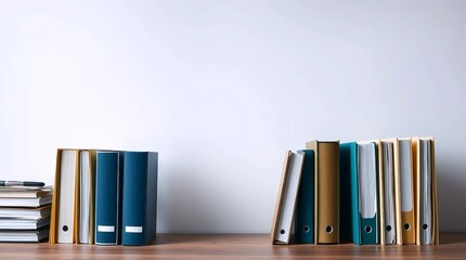 row of books and binders arranged neatly on white shelf symbolizing learning, knowledge, research and office order