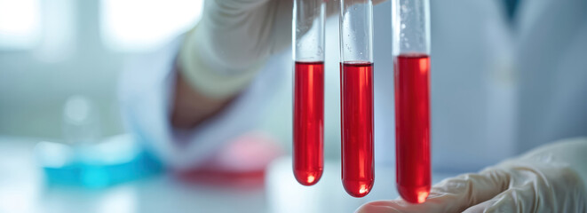 Laboratory technician holds test tubes with red liquid for blood analysis, research. Science, biology, chemistry, medicals involved in precise datum fluid study for health care discovery, innovation.