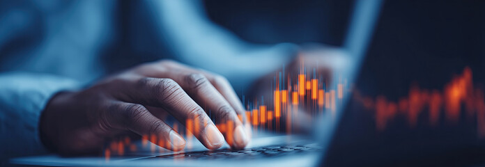 Professional calculating finances while holographic growth charts project upward trending golden columns.