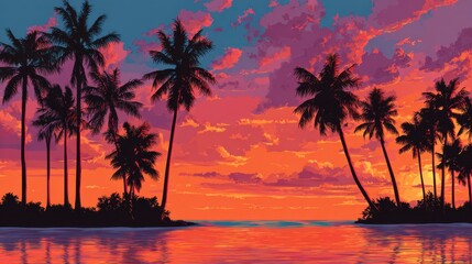 Bright hues of orange pink and purple fill the sky as the sun sets over a tranquil ocean. Silhouettes of palm trees create a picturesque tropical atmosphere at dusk.
