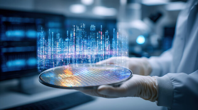 Scientist in sterile lab gloves is holding silicon wafer, showcasing digital data visualization above it. scene conveys sense of innovation and advanced technology in laboratory setting